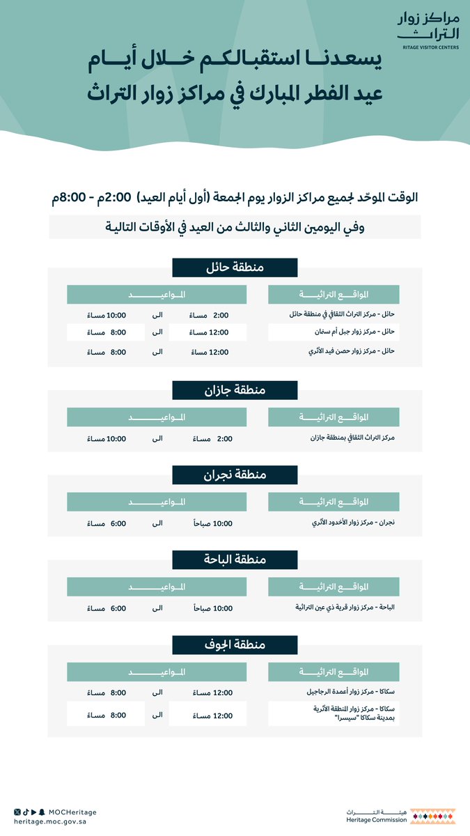 تدعوكم #هيئة_التراث إلى الاحتفاء بعيد الفطر المبارك، في مراكز زوار التراث في أنحاء المملكة.