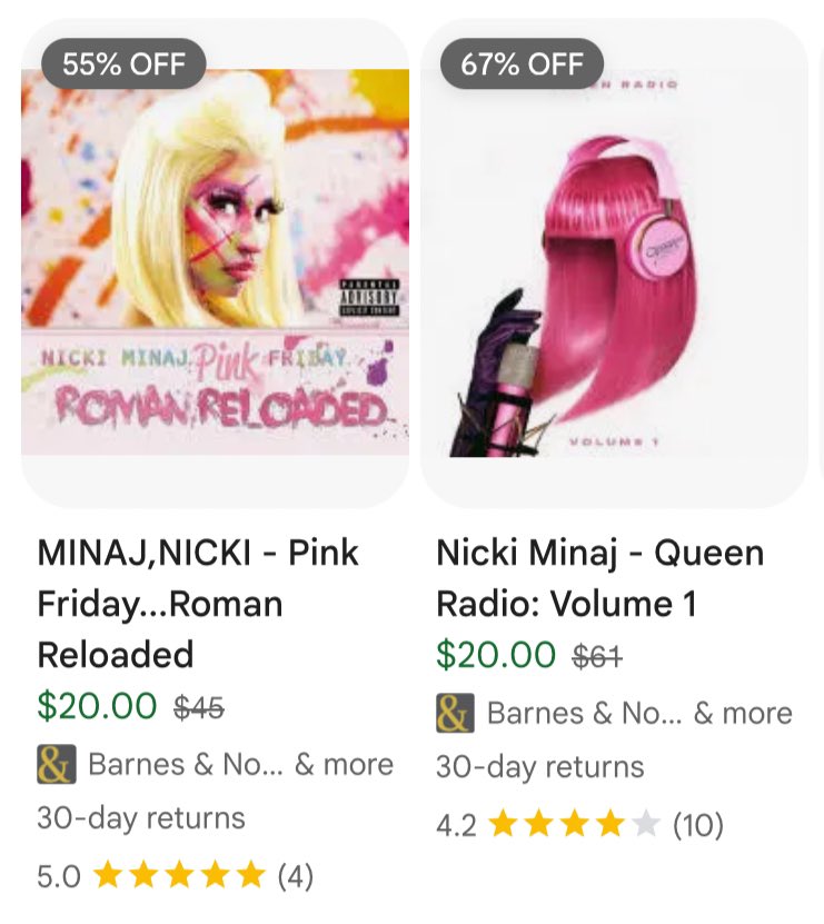 You can currently purchase vinyl editions from <a href="/NICKIMINAJ/">Nicki Minaj</a>’s discography Pink Friday: Roman Reloaded and Queen Radio: Volume 1 for $20.00 each at Barnes &amp; Noble

PFRR: barnesandnoble.com/w/pink-friday-…

Queen Radio: Volume 1: barnesandnoble.com/w/queen-radio-…