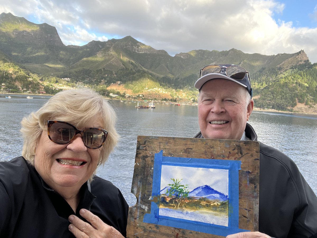 RandySprout1's tweet photo. Here we are at Robinson Crusoe Island with my first demo painting, a little 5X7 watercolor on #140 Arches hot-pressed. Many of my students got the technique of scraping the mountains in with their credit cards right away.😎 https://t.co/CZpclMKHOe