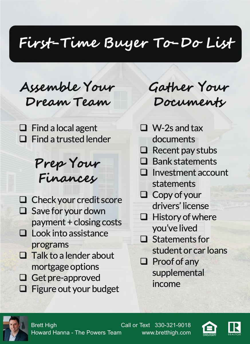 bretthigh's tweet photo. Buying your first home doesn’t come with instructions – but maybe it should.  That’s why I created a simple first-time homebuyer to-do list to help you see what matters first and how to get started without feeling overwhelmed.  Just remember, you don’t have to do everything at once. You just need a plan.  Want more information? Call/Text me at 330-321-9018 or bretthigh@howardhanna.com #FirstTimeHomebuyer #HomebuyingTips #NortheastOhioHomes #OhioRealEstate #MultipleOffers #HowardHanna #ThePowersTeam #homeselling #homebuying #marketingstrategy #homebuyingstrategy #Ohio #medina