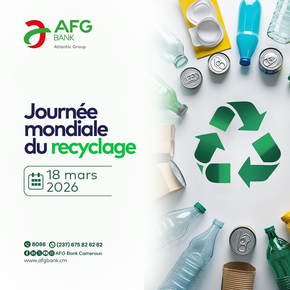 AFGBankCameroun's tweet photo. ♻️ [Journée mondiale du Recyclage]
Pour nous, recycler, c'est :
✅ Réduire notre empreinte carbone.
✅ Préserver les ressources naturelles.
✅ Agir concrètement pour les Objectifs de Développement Durable.

Et vous ?
#Recyclage #FinanceVerte #BanqueEcoResponsable https://t.co/OgRveP8ohD