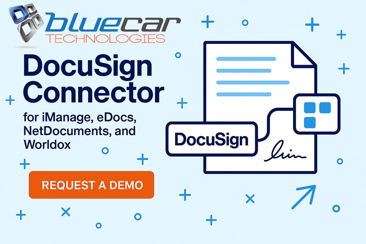 bluecartech's tweet photo. Firm‑wide control matters when DocuSign is used at scale. Blue Car Technologies’ DocuSign Connector enables consistent, policy‑aligned signing across iManage, NetDocuments, OpenText eDocs, and Worldox. 

Book a demo: https://t.co/HAgjsJd2U1 https://t.co/v3UJpCQl54