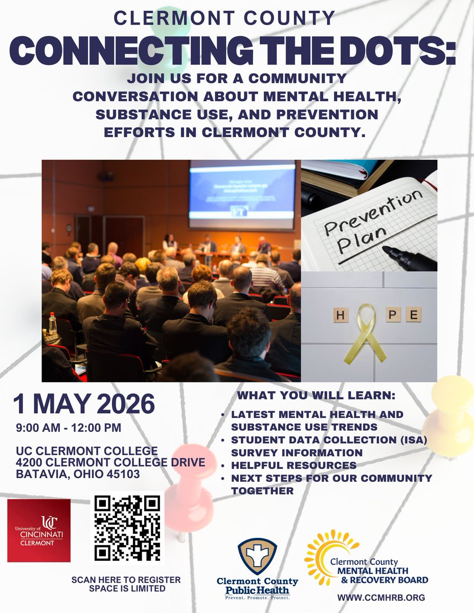 ***Join us on May 1st
For Connecting the Dots, a welcoming community conversation about how mental health and substance use are affecting Clermont County—and what we can do about it together. Visit ccmhrb.com for more information or scan QR code