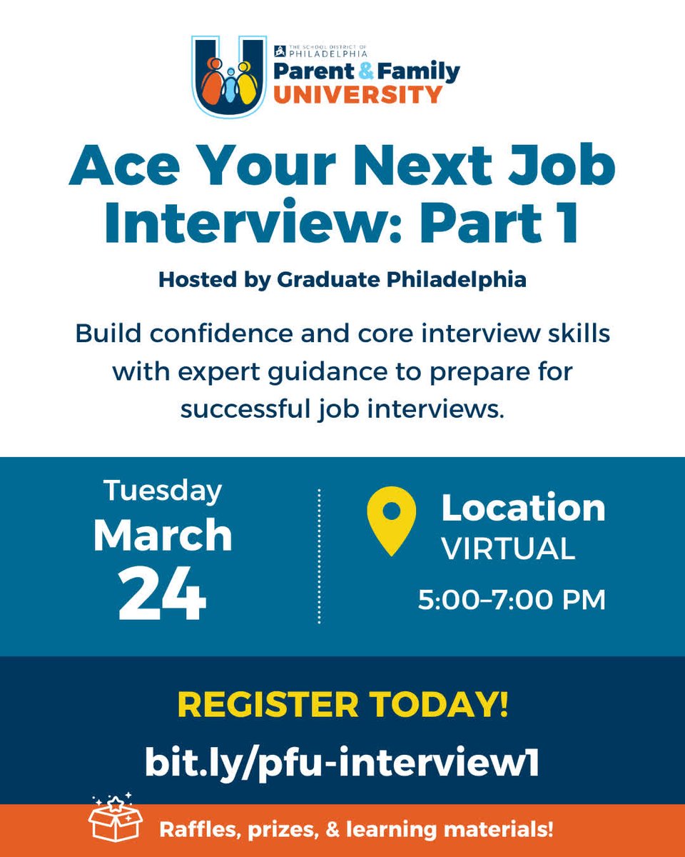 PHLschools's tweet image. Build confidence and interview skills with guidance from Google experts. Raffles, prizes, &amp;amp; learning materials! 
Register ➜ bit.ly/pfu-interview1 
#ParentFamilyU #PHLed #CareerReady