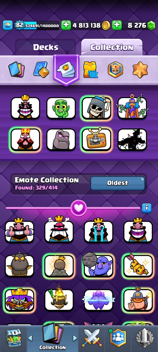 dowcwow's tweet photo. @ClashRoyale My clash royale emote deck. The confused giant skelly is unable to be replaced #clashroyale https://t.co/rtQkPywH5c