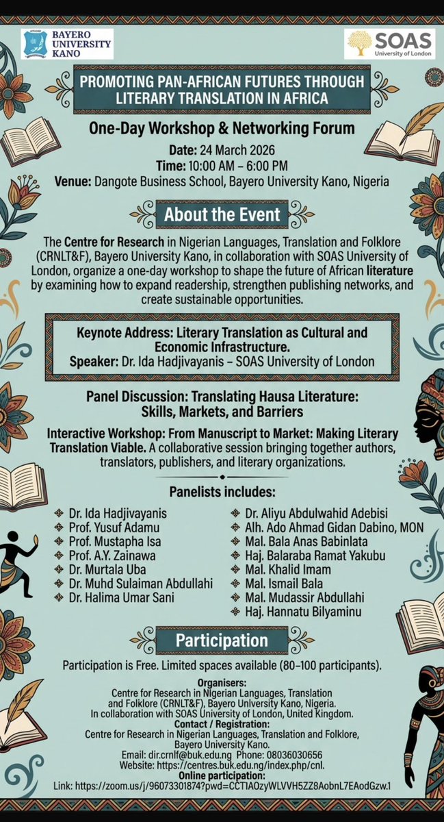 IdaHadjivayanis's tweet photo. Excited to speak on literary translation as cultural and economic infrastructure at Bayero University Kano in Nigeria on March 24th. Register to join us. https://t.co/n1PyLhZJmf