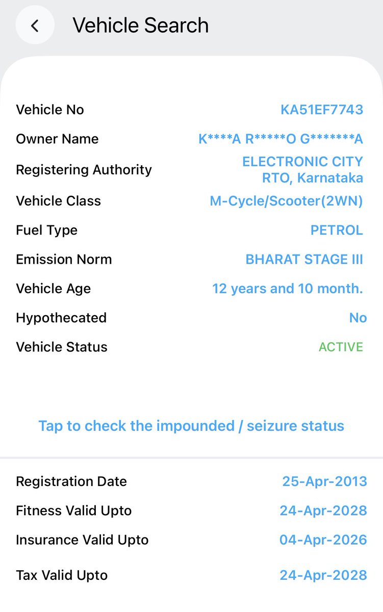 DGSaysHi's tweet photo. @ghosharindum @BlrCityPolice @blrcitytraffic Vehicle details available as per mparivahan... https://t.co/Qzj9MYWwbw