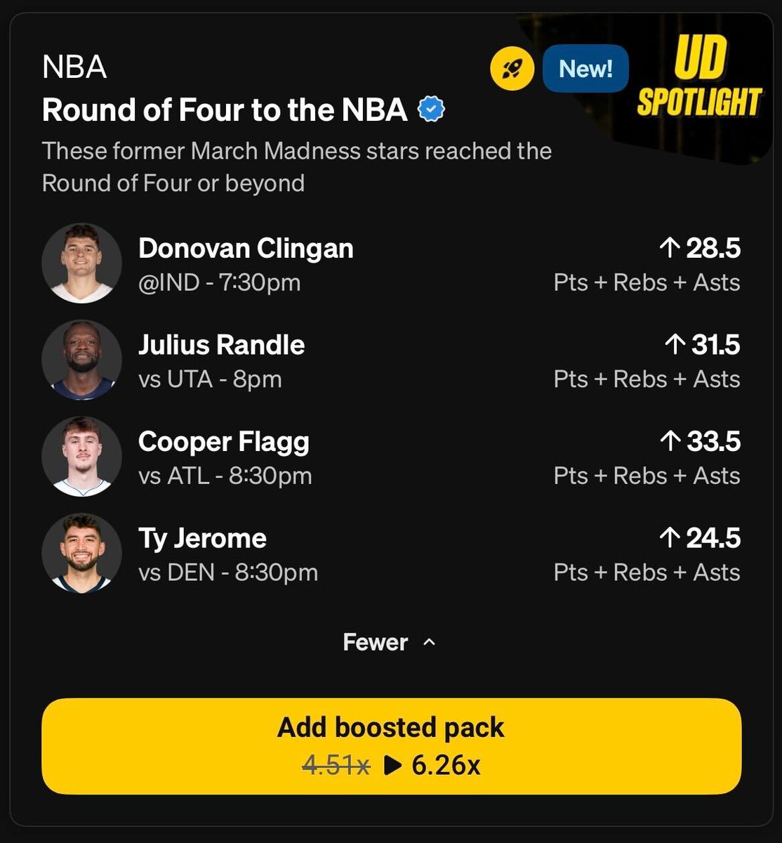 UnderdogNBA's tweet photo. Rostered NBA players to win a National Championship:

Walter Clayton Jr.
Will Richard
Alijah Martin
Stephon Castle
Donovan Clingan (2x)
Jordan Hawkins
Andre Jackson Jr.
Cam Spencer
Christian Braun
Ochai Agbaji
Jalen Wilson
Davion Mitchell
LJ Cryer
De'Andre Hunter
Ty Jerome
Jay Huff
Jalen Brunson (2x)
Mikal Bridges (2x)
Donte DiVincenzo (2x)
Collin Gillespie
Tony Bradley
Josh Hart
Grayson Allen
Tyus Jones
Anthony Davis
Mason Plumlee
Al Horford (2x)