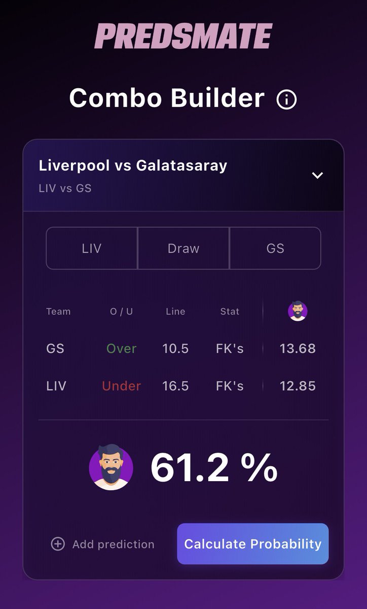 🇪🇺Liverpool v Galatasaray (bet365):

Gala O 10.5 FK’s + Liverpool U 16.5 FK’s @ 2.10 (3u)

📊Roughly 29% Expected Value according to The Combo Builder in <a href="/Predsmate/">Predsmate</a> 🔥