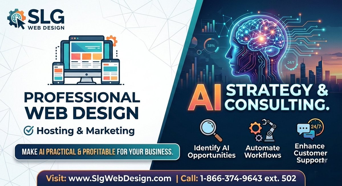 SLGWebDesign's tweet photo. Stop guessing, start automating. 🚀

SLG Web Design provides expert AI Consulting to streamline your workflow and boost engagement. We make AI work for your bottom line.

Explore your strategy: 👉 https://t.co/UyQtez79ht 📞 1-866-374-9643 Ext. 502

#AI #WebDesign #BusinessGrowth https://t.co/KIjYk7LP2Z
