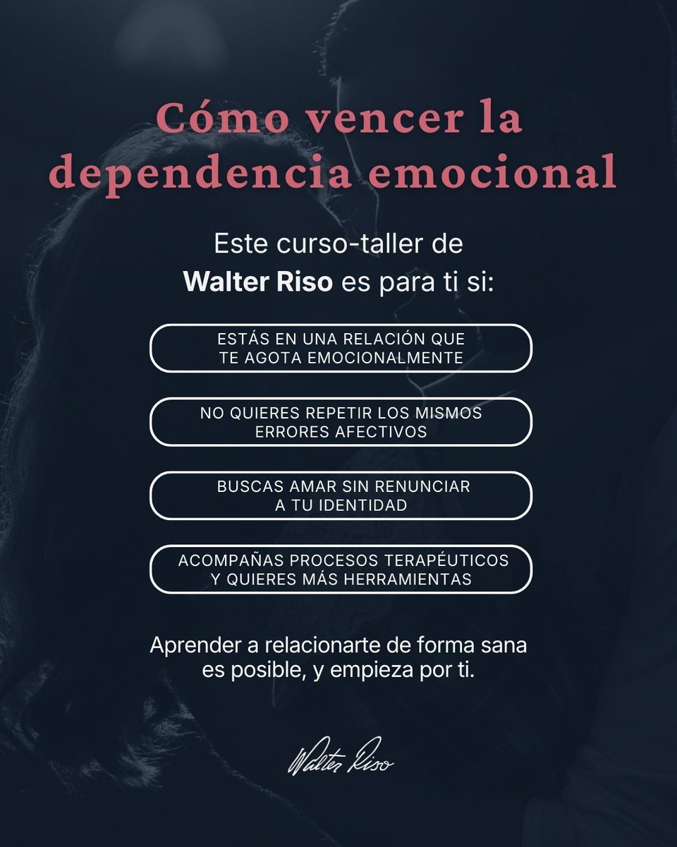 Walter_Riso's tweet photo. Si tus relaciones te agotan, repites errores afectivos o sientes que pierdes tu esencia, es momento de aprender a construir vínculos sanos.  

En el curso-taller de Walter Riso descubrirás herramientas prácticas para superar la dependencia emocional y elegirte primero.

Ingresa aquí https://t.co/zMQBkigeRe