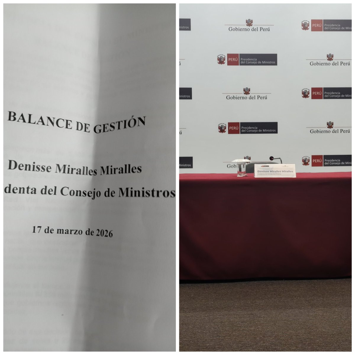 jcportillar's tweet photo. La expremier Denisse Miralles había repartido una ayuda memoria a los periodistas en @pcmperu la mesa estaba lista para que diera su balance de gestión... Pero la renunciaron al toque ni ese espacio le dieron https://t.co/FkHcTMUOuS