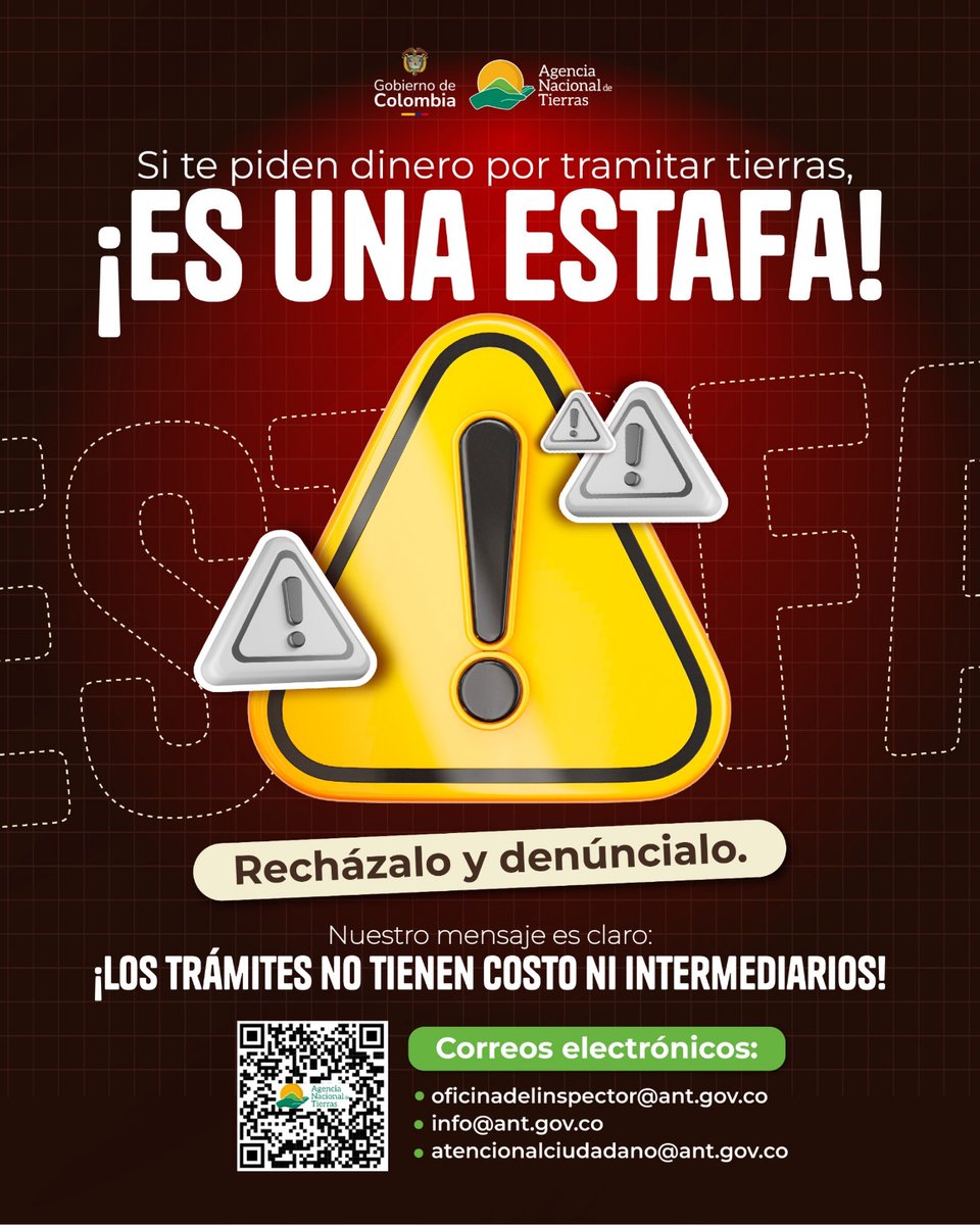 #ReformaAgraria | ¡Que no te quiten lo tuyo! 
Los trámites en la <a href="/AgenciaTierras/">Agencia Nacional de Tierras</a>  NO tienen costo ni necesitan intermediarios. Si alguien te pide dinero, por poco que sea, te está engañando. #CuidemosLaReformaAgraria y reporta cualquier irregularidad.

#LaReformaAgrariaSeRespeta