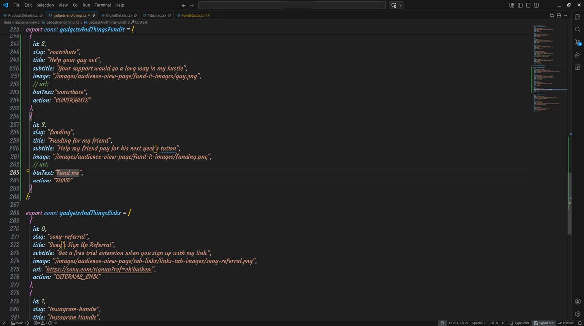 victorugs_DEV's tweet image. Day 66/100 #100DaysOfCodeAndDesigns with @SarcasticGeek4u
wrapped up React Hook Form

building FundIt tab, a space for users to discover causes &amp;amp; support them (donations, personal requests, etc)

structured the data with slugs, actions &amp;amp; dynamic buttons to control different flows