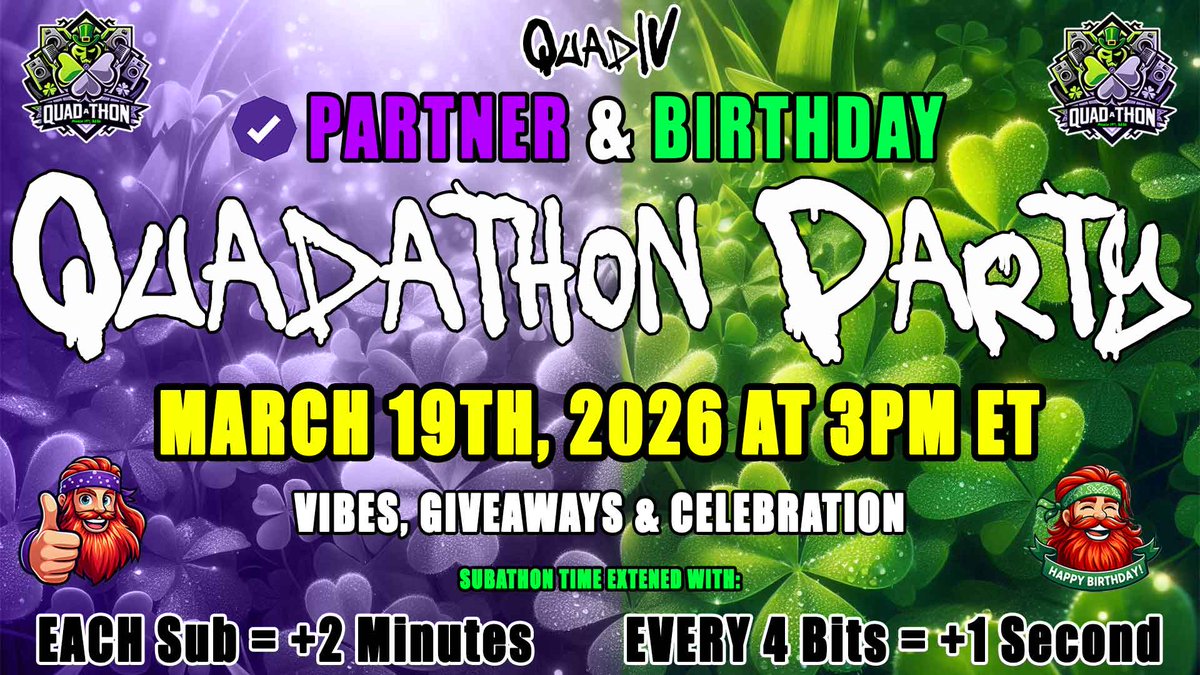[Reminder] TOMORROW at this time we will be doing QUADATHON!!! So excited to celebrate &amp; give back to the amazing community. 

Birthday + Partner Party @ 3pm ET tomorrow.

The longer the stream goes the more giveaways will happen, marble prizes &amp; MORE

See you there! #Quadathon