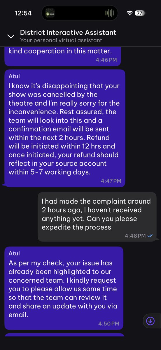 anuragcomm's tweet photo. @carebydistrict the show already got cancelled, we were denied entry in the theatre but your app displayed finished instead of cancelled. I was assured I will receive an email from your dedicated team, didn't receive any yet https://t.co/3gNXVWliQK