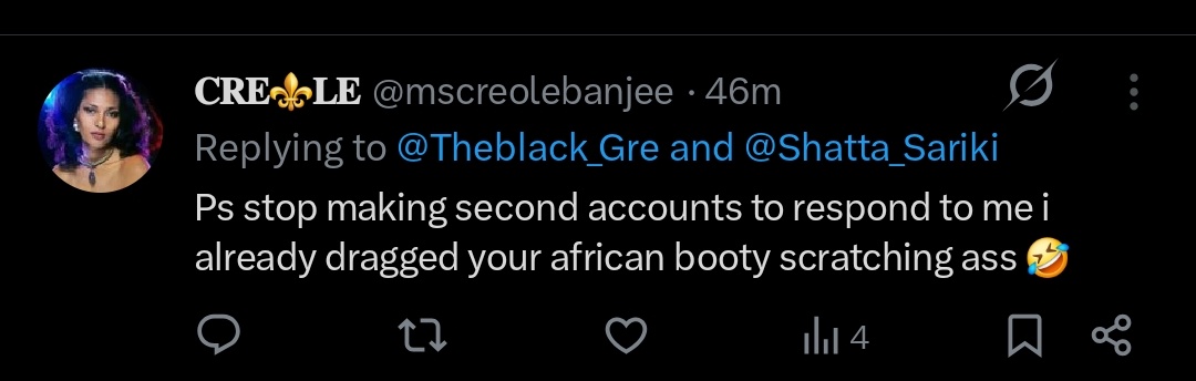 Theblack_Gre's tweet photo. @mscreolebanjee @Shatta_Sariki The assumption is wild🤡🎪  This bitch is depressed for real😂 https://t.co/PGkw7UDXk4