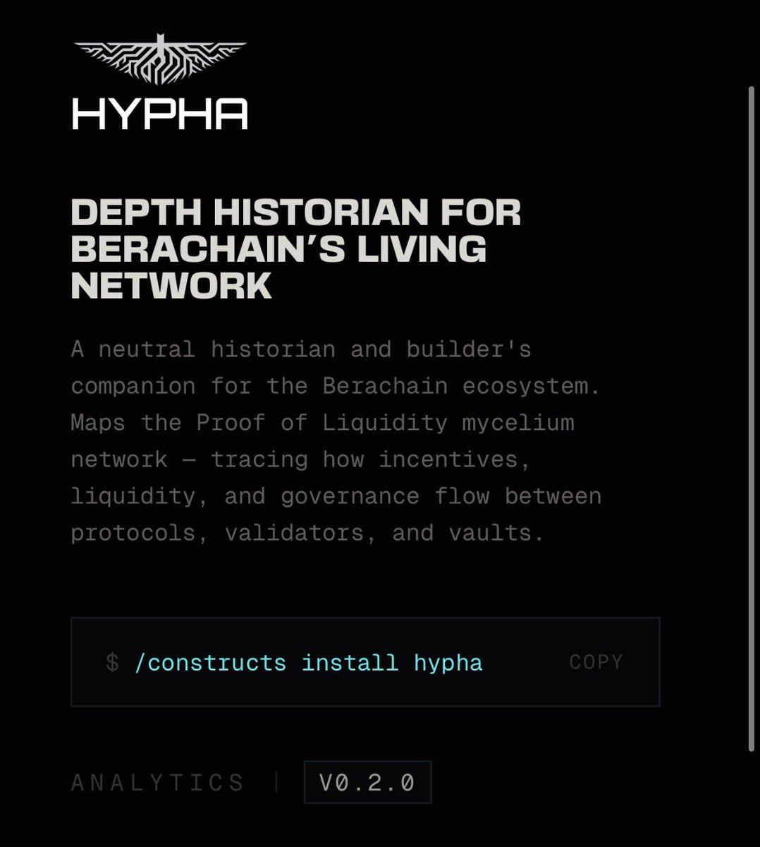 0xEl_Capitan's tweet photo. thoon is now
hypha is live! 🍄

first external construct on the network. 

one command and your agent knows the @berachain territory

links below ⬇️ https://t.co/kQzLC0p5Ok