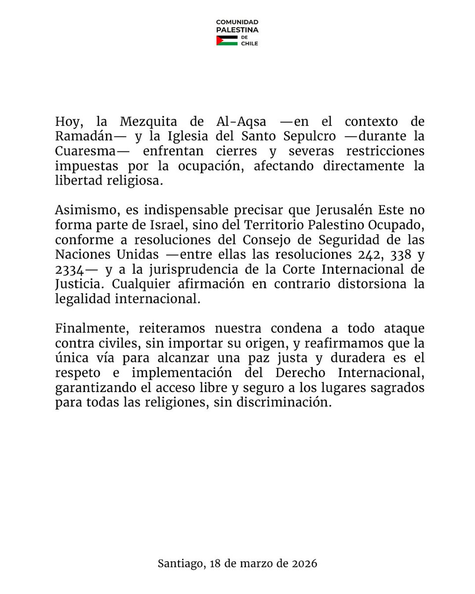 #DeclaraciónPública Ante el comunicado de la Embajada de Israel en Chile, que omite deliberadamente el contexto y distorsiona gravemente la realidad.