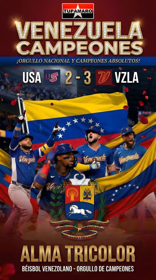El Movimiento Revolucionario TUPAMARO felicita a la Selección Venezolana por su logro como Campeón del Clásico Mundial de Béisbol.

Un logro que hoy celebramos todos los  venezolanos unidos 🇻🇪

#beisbol #GuerraDeTodoElPueblo #TupamaroAntiimperialista