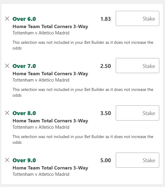 TipsCentral2026's tweet photo. Corner ladders were successful for us last night and going again tonight! 

Spurs need to start fast to have any hope of scraping back the 3 goal deficit.

Units advised:
Over 6= 1.5 units
Over 7= 0.75 units
Over 8= 0.25 units
Over 9= 0.1 units https://t.co/JmjQ3KJd3x
