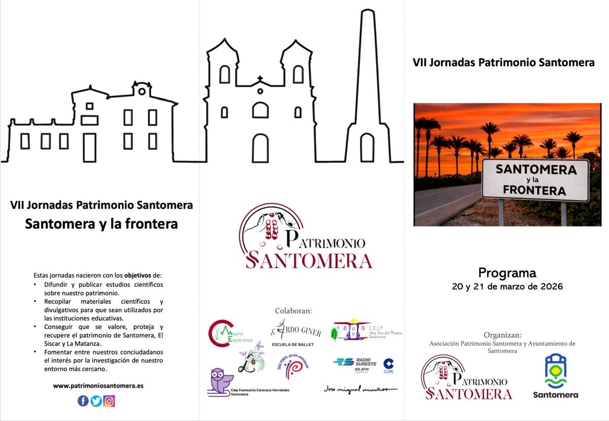 PSantomera's tweet photo. VII JORNADAS DE PATRIMONIO SANTOMERA,  este año con el lema de "Santomera y la frontera". Este viérnes 20 de marzo a partir de las 20:00 en el Salón de Actos de Santomera y el sábado 21 a partir de las 9:30 en la Casa del Huerto. 

Consulta todo e programa: 👇 https://t.co/UsXSsR4eHt
