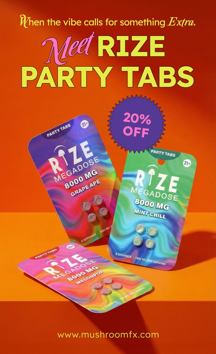 RealMushroomFX's tweet photo. NEW DROP: Rize Party Tabs (20% OFF) for a limited time. Grab a pack for the next hang, the next late night, or the next “one more stop” moment.
👉 https://t.co/HUu6hPH1ci https://t.co/Wyv7yZ1mVH