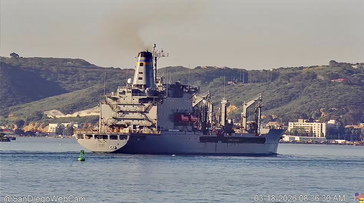 WarshipCam's tweet photo. USNS Patuxent (T-AO-201) Henry J. Kaiser-class replenishment oiler leaving San Diego as USNS Guadalupe (T-AO-200) Henry J. Kaiser-class replenishment oiler heads in - March 18, 2026    SRC: YT- SanDiegoWebcam https://t.co/YvRxn3SV1D