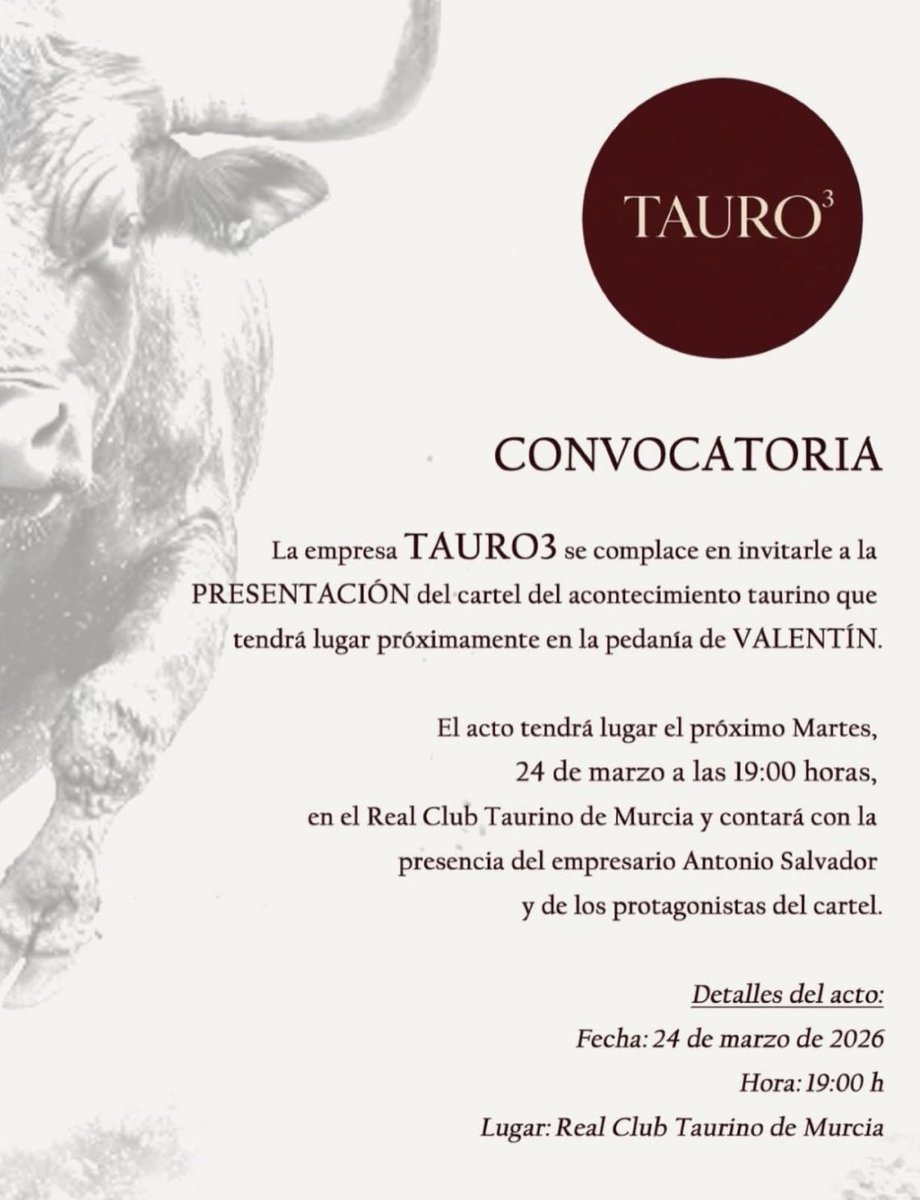 JoseAlcarazFdez's tweet photo. Nueva fecha para la Región de Murcia.

La empresa TAURO3, al mando del empresario Antonio Salvador Abril, presentará el próximo martes 24 de marzo a las 19:00, en el Real Club Taurino de Murcia, los detalles del festival sin picadores que se va a celebrar en la localidad de Valentín (Cehegín-Calasparra)

Antonio Puerta, Filiberto Martinez y Antonio Aparicio son los primeros nombres que conocemos. Vislumbra un festejo íntegramente conformado por murcianos.