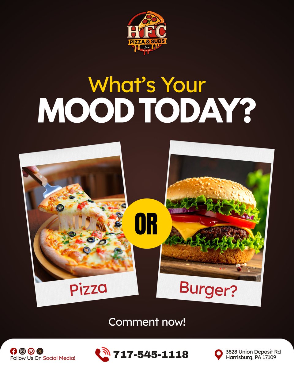 hfc_pizza's tweet photo. What’s Your Mood Today?
Pizza or Burger?

Comment now!

Order Now: https://t.co/mT2nG8gMWV
Call Us Now: (717) 545-1118
#HFC #pizzalover #burgerlove #fastfoodie #foodchoices https://t.co/BOPrpEGj5E