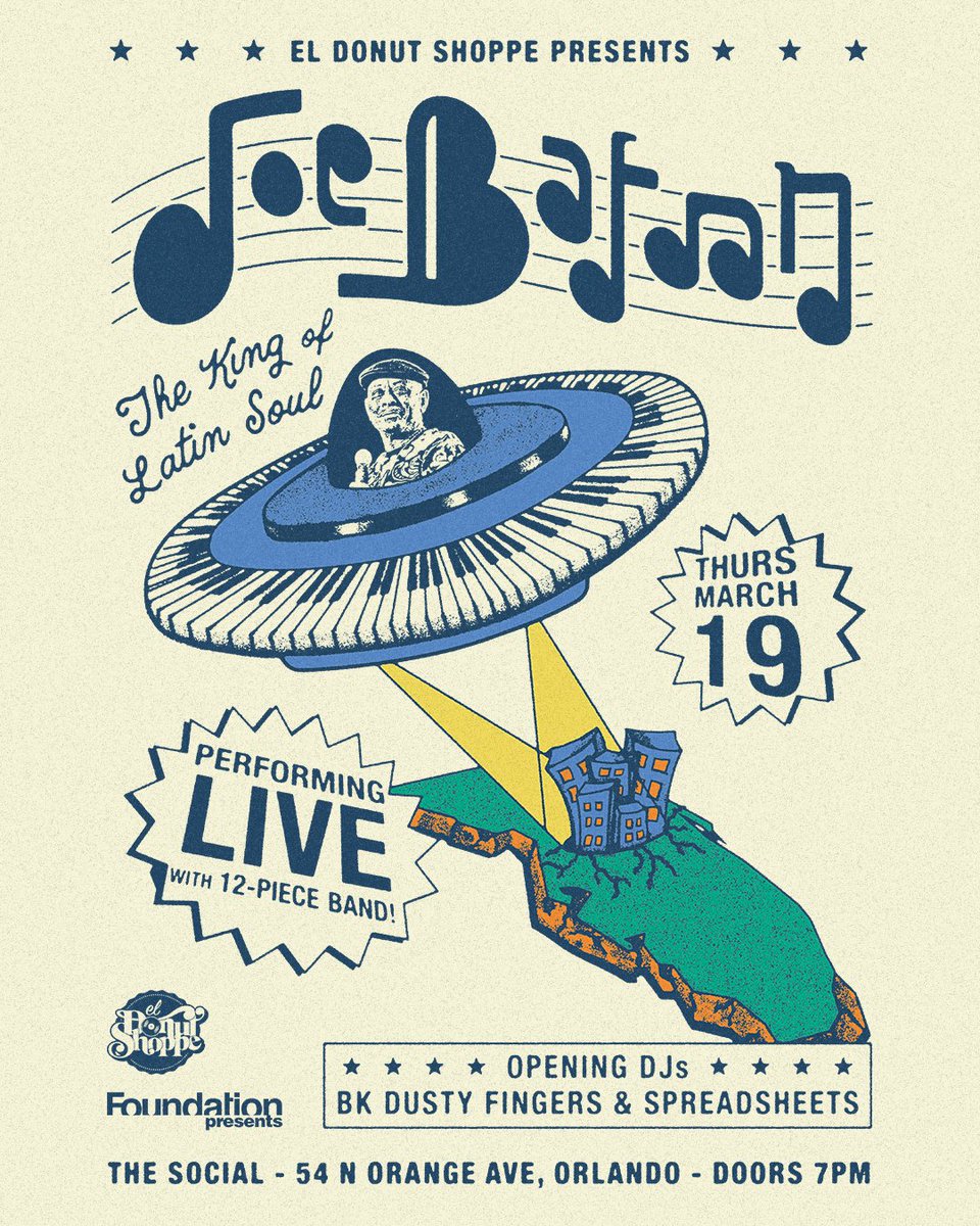 🚀Joe Bataan LIVE in Orlando!

The legendary master of Latin Soul takes the stage with his 12-piece band for one historic night at The Social Orlando on Thursday, March 19

🎟 Tickets: Online via The Social Orlando or in person at El Donut Shoppe — grab yours before they’re gone!