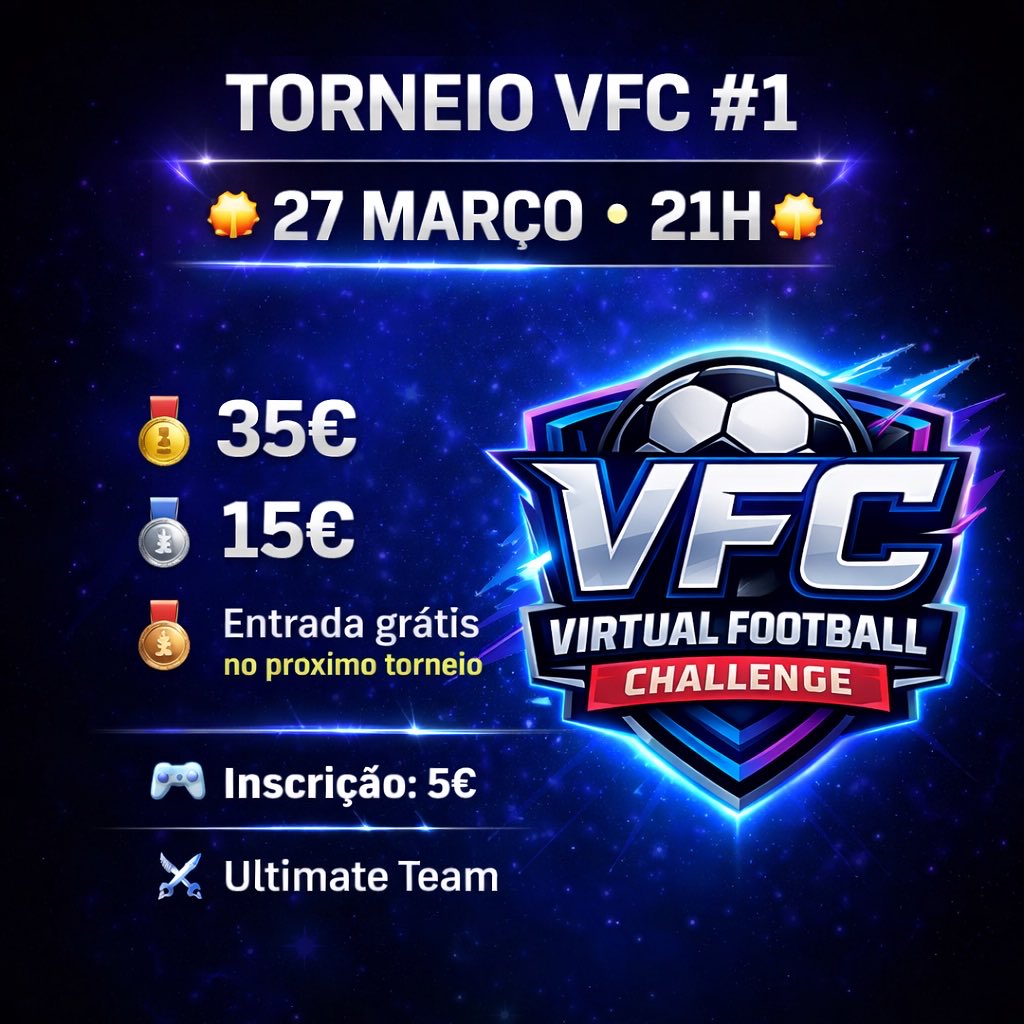 VFC_esports's tweet photo. 👉| Temos o prazer de anunciar que a #1 edição da Virtual Football Challenge terá lugar no próximo dia 27/03, com início agendado para as 21 horas.

ℹ️| Para mais informações sobre o torneio e respetivas inscrições, entra no nosso Discord [link na Bio] https://t.co/SJijGUe85y