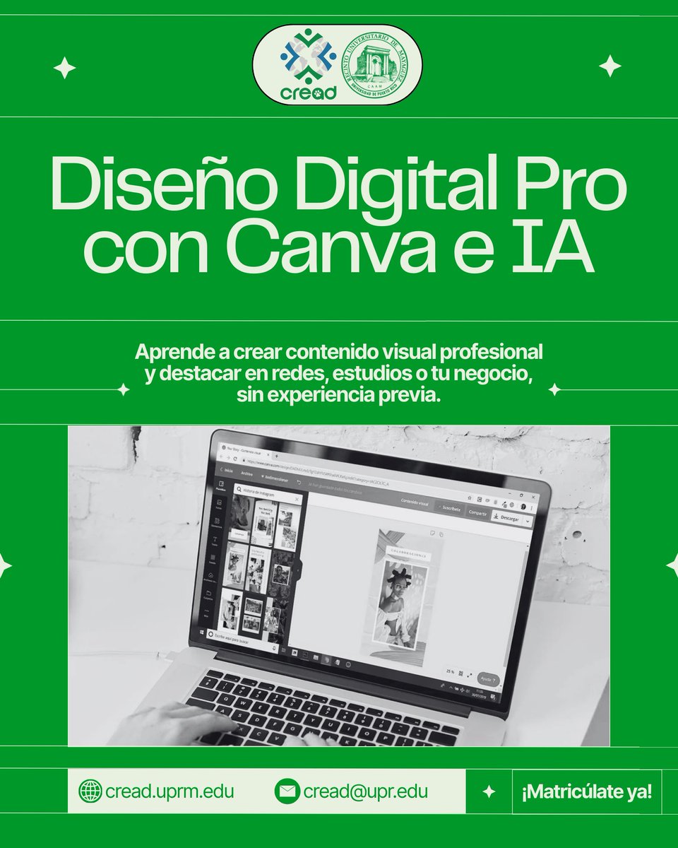 cread_uprm's tweet photo. Con este curso de Canva + Inteligencia Artificial, aprenderás a transformar tus ideas en contenido visual atractivo, moderno y profesional.

👉 ¡Matricúlate hoy!
https://t.co/wRN9eNt8XB

#moderado #AprendeconCREAD #UPR #UPRM #canva #Digitalpro #IA #AI #business #empresa https://t.co/pB0mXFcuEI
