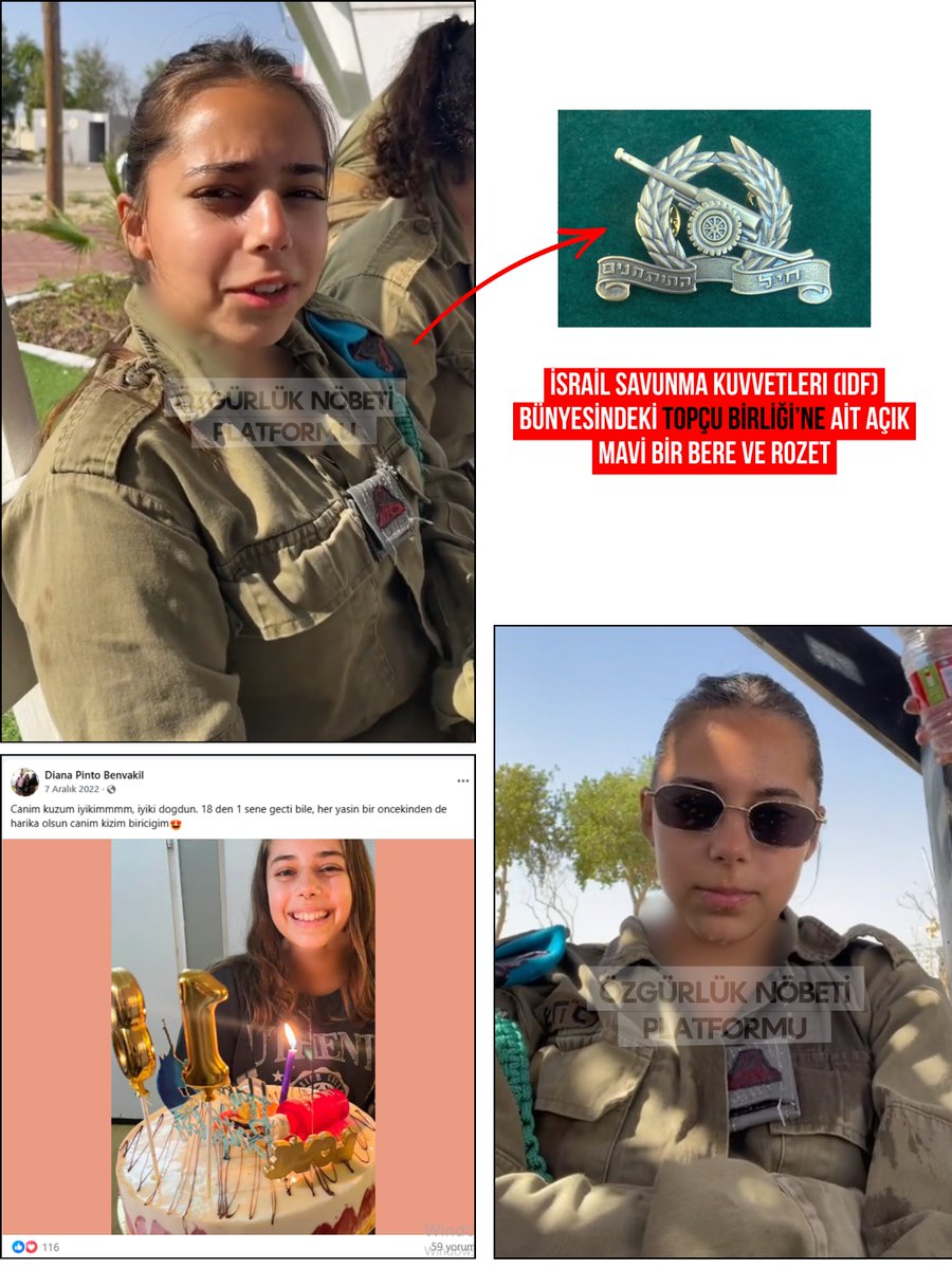 ozgurluk_nobeti's tweet photo. İSRAİL TANKININ İÇİNDE BİR TÜRKİYE CUMHURİYETİ VATANDAŞI! 

🔴Varan 6 / 2. DALGA İFŞAAT

Bu Bir İhbar ve Suç Duyurusudur!

Siyonist İsrail ordusunda 7 Ekim 2023 sonrasında aktif görev alıp askerlik yapan Yasmin Benvakil adlı teröristi ifşa ve ihbar ediyoruz!

Açık kaynak bilgilerine göre, söz konusu şahıs İsrail Savunma Kuvvetleri (IDF) bünyesinde yer alan Topçu Birliği’ne bağlı, istihbarat ve hedef belirleme faaliyetleri yürüten 8860 “Kelebek” Birimi’nde görev yapmaktadır.

Gazze’de hedef belirleme, sahadan veri toplama ve ateş koordinasyonu gibi kritik görevlerde bulunduğu yüksek ihtimal taşıyan şahıs, Uluslararası Ceza Mahkemesi tarafından alınan tedbir kararlarına rağmen İsrail Savunma Kuvvetleri bünyesinde faaliyet göstermeye devam etmiştir.

Daha önce ifşa edilen siyonist asker Kalya Yaes ile bağlantılı olduğu, sosyal medya paylaşımları üzerinden tespit edilen söz konusu kişi hakkında, Türk Ceza Kanunu kapsamında ivedilikle gerekli işlemlerin başlatılması gerekmektedir.

Şahsın hâlihazırda Türkiye’de bulunduğu değerlendirilmektedir. Bu kapsamda, hakkında yakalama tedbirinin uygulanması, gözaltına alınması ve soykırım suçları kapsamında yargılanması talep ediyoruz.

Aziz Milletimize, İranlı masum çocuklara ve Gazze'nin Onurlu Halkına saygı ve hürmetle! ✊🏼🇵🇸