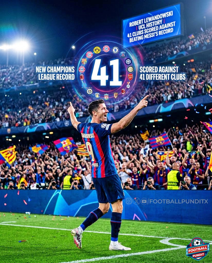 footballpunditX's tweet image. 𝗡𝗘𝗪 𝗥𝗘𝗖𝗢𝗥𝗗: Robert Lewandowski has scored against 41 different clubs in the Champions League, beating Leo Messi's record.
#BARNEW #UCL