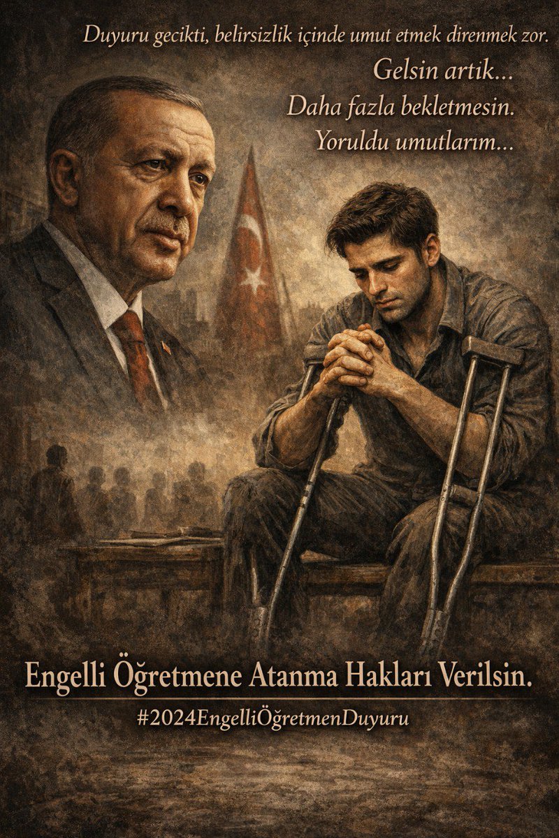 Engelli Öğretmenler duyuru müjdesiyle atanmak istiyor.<a href="/RTErdogan/">Recep Tayyip Erdoğan</a> <a href="/EmineErdogan/">Emine Erdoğan</a> <a href="/Yusuf__Tekin/">Yusuf Tekin</a> <a href="/MustafaAlkayis/">Av. Mustafa Alkayış</a> <a href="/AYMBASKANLIGI/">Anayasa Mahkemesi</a> <a href="/celal_adan/">Celal ADAN</a> <a href="/tihek_kurumsal/">TİHEK 🇹🇷</a> <a href="/latifselvi42/">Latif Selvi</a> <a href="/avyurdunuseven/">İbrahim Yurdunuseven 🇹🇷</a> <a href="/hasandogan/">Hasan Doğan</a> <a href="/tcmeb/">Millî Eğitim Bakanlığı</a> <a href="/cftcblnt/">Bülent ÇİFTCİ</a> <a href="/bilalmacit/">Bilal Macit</a> <a href="/LeventUysalNEV/">Levent Uysal</a>
#2024EngelliÖğretmenDuyuru