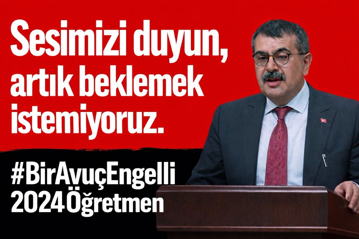 Engelli Öğretmenler duyuru müjdesiyle atanmak istiyor.<a href="/RTErdogan/">Recep Tayyip Erdoğan</a> <a href="/EmineErdogan/">Emine Erdoğan</a> <a href="/Yusuf__Tekin/">Yusuf Tekin</a> <a href="/MustafaAlkayis/">Av. Mustafa Alkayış</a> <a href="/AYMBASKANLIGI/">Anayasa Mahkemesi</a> <a href="/celal_adan/">Celal ADAN</a> <a href="/tihek_kurumsal/">TİHEK 🇹🇷</a> <a href="/latifselvi42/">Latif Selvi</a> <a href="/avyurdunuseven/">İbrahim Yurdunuseven 🇹🇷</a> <a href="/hasandogan/">Hasan Doğan</a> <a href="/tcmeb/">Millî Eğitim Bakanlığı</a> <a href="/cftcblnt/">Bülent ÇİFTCİ</a> <a href="/bilalmacit/">Bilal Macit</a> <a href="/LeventUysalNEV/">Levent Uysal</a>
#2024EngelliÖğretmenDuyuru