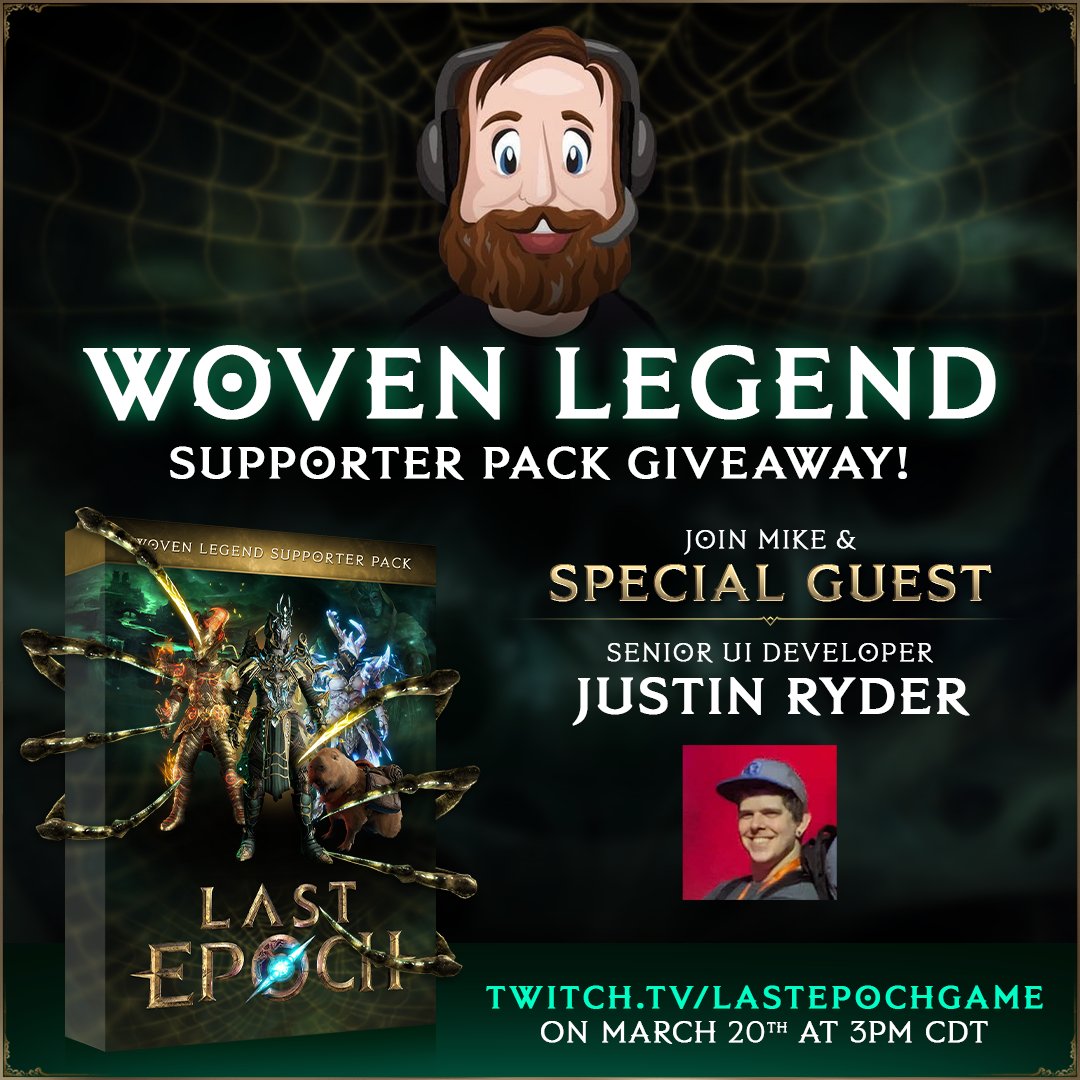 LastEpoch's tweet photo. ⏳ Woven Legend Supporter Pack Giveaway!⏳ 

To celebrate Season 4: Shattered Omens, we're giving away 5 Woven Legend Supporter Packs before they leave the store during our Friday Dev Q&amp;A Stream. Don't miss your last chance to win! https://t.co/RuqCxgLpxD