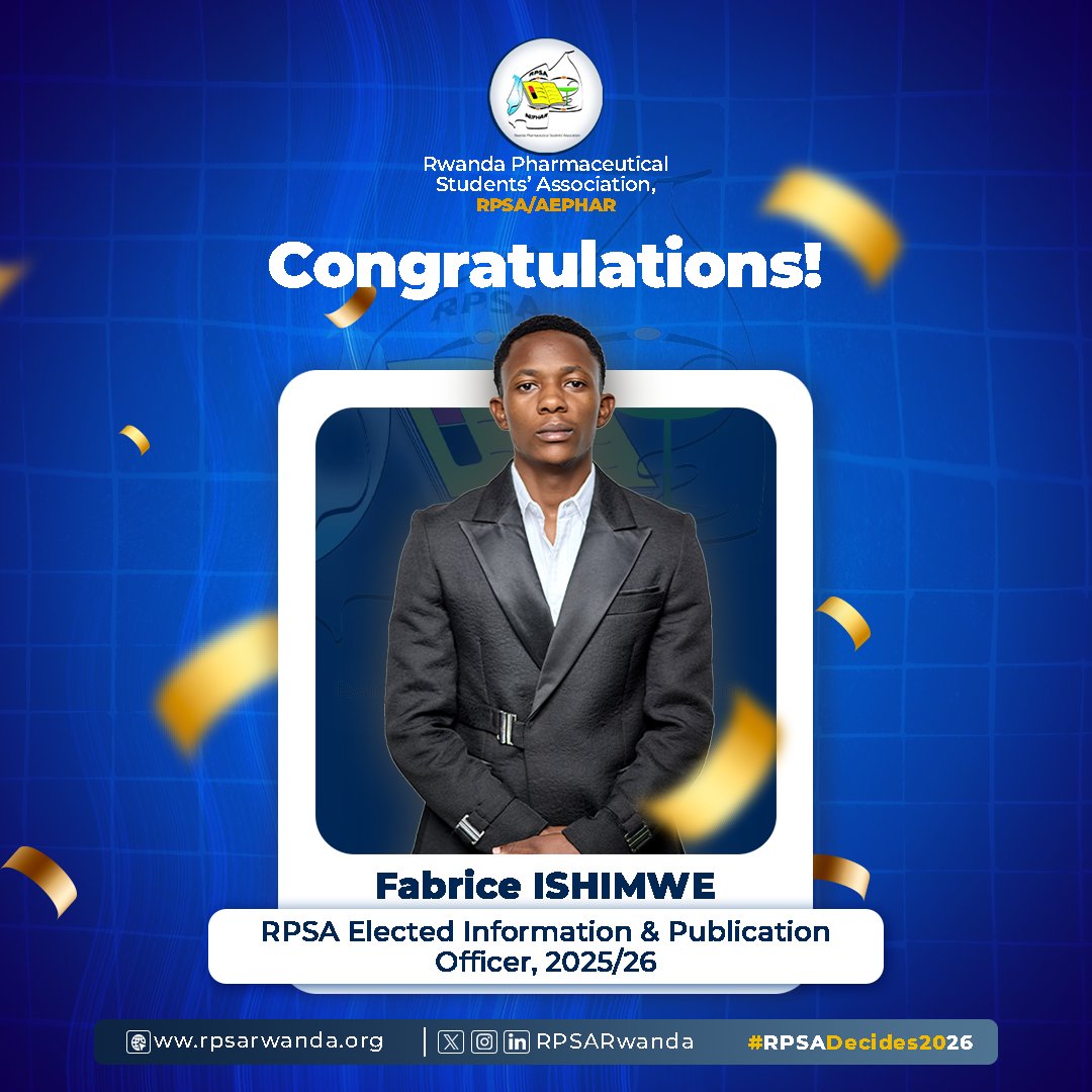 RPSARwanda's tweet photo. We are proud to announce again 𝐌𝐫. 𝐅𝐚𝐛𝐫𝐢𝐜𝐞 𝐈𝐒𝐇𝐈𝐌𝐖𝐄 as our Information and Publication Officer.

Congratulations @fabrishimwe003 🎉

#RPSADecides2026 https://t.co/X7VpTm5AAN