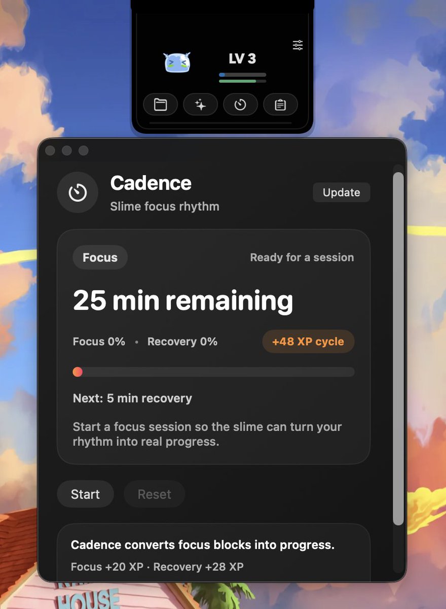 tobixion's tweet photo. @ClimStefan Hi! The slime's CADENCE ability is a Pomodoro, and after completing a full flow of Concentration and Rest, you gain experience! https://t.co/dxqOQGGyzp