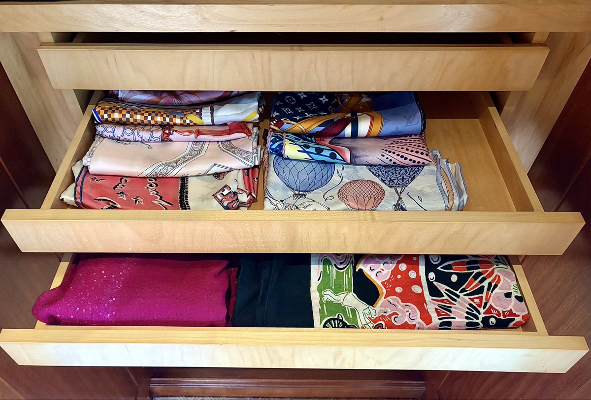 OrganizeNY's tweet photo. When your client moves into a new apartment &amp; asks, "What should I do with these drawers?" 
OrganizeNY solution: pull-out shallow tray drawers are perfect for accessories like your silk scarves!🧣
#OrganizeNY 
#ProfessionalOrganizer 
#Organize 
#GetOrganized 
#OrganizedLife https://t.co/tQ0tkMhUvT