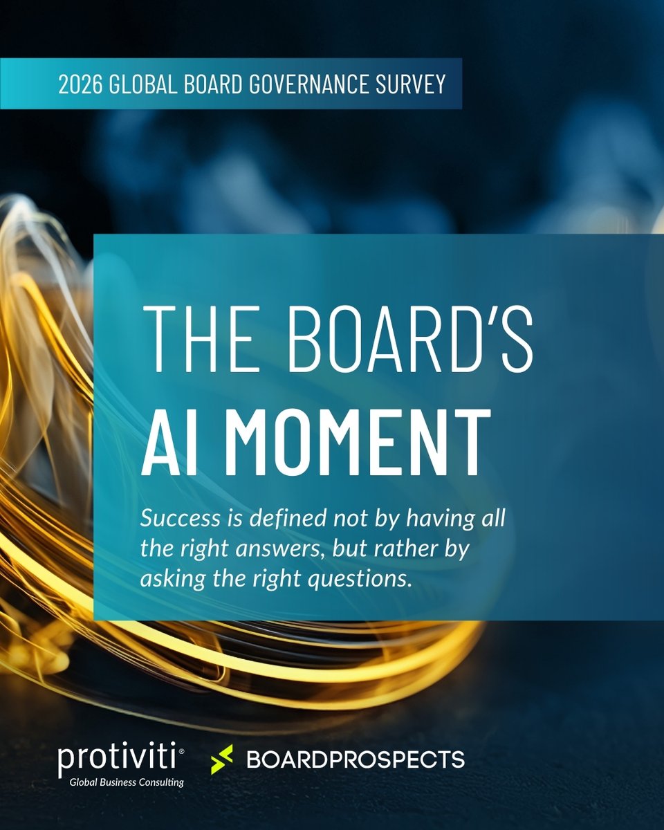 Protiviti's tweet image. Success isn’t about having all the answers—it’s about asking the right questions. Protiviti’s 2026 Global #BoardGovernanceSurvey highlights why AI must be a standing board agenda item to drive ROI, manage risk, and guide AI transformation. bit.ly/47c9SiK #Protiviti
