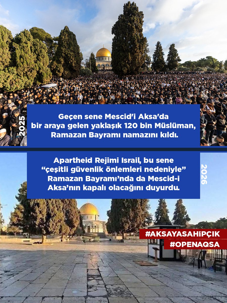 sleymangmer's tweet photo. Geçen sene Mescid-i Aksa’da bir araya gelen yaklaşık 120 bin müslüman, Ramazan Bayramı namazını kıldı.

Apartheid Rejimi İsrail bu sene ‘’ çeşitli güvenlik önlemleri nedeniyle’’ Ramazan Bayramı’nda da Mescid-i Aksa’nın kapalı olacağını duyurdu.
#AksayaSahipÇık    #OpenAqsa https://t.co/oFUw0YUelw