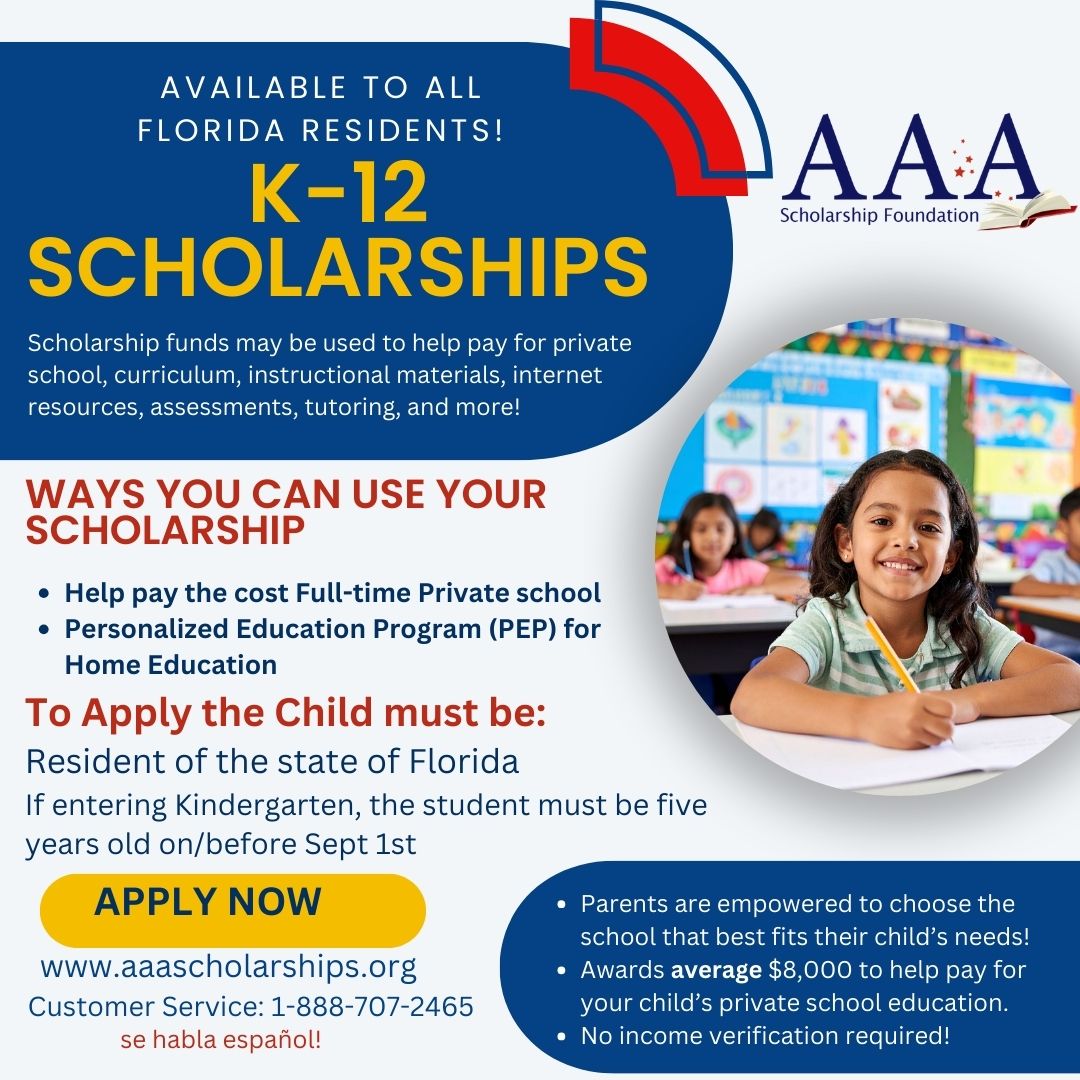 AAAScholarships's tweet photo. Florida k-12 scholarships are available now. Apply here: https://t.co/PLNqpJZ0kd https://t.co/eqhjTeikKR