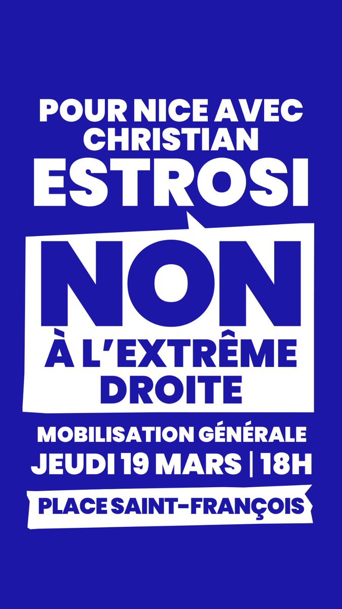 👉 Avec Christian ESTROSI : disons NON à l’extrême droite !
📍 Rendez-vous jeudi à 18h, place Saint-François à Nice
✊ Mobilisons-nous !
<a href="/Estrosi2026/">Estrosi 2026</a> #TousPourNice