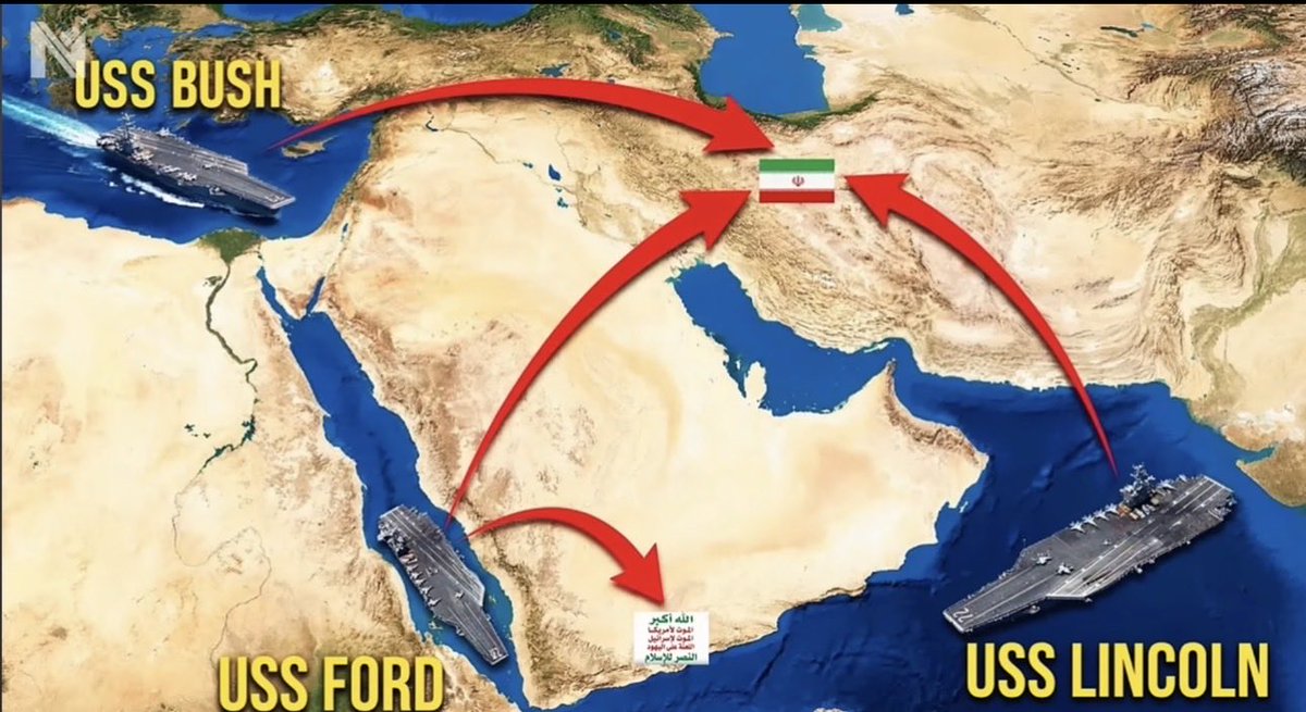 Callsignsio's tweet photo. @HamzeGhalebi Here’s how the U.S. military secures the Strait of Hormuz:
1. The Bush CSG arriving in theater shortly, reinforces CSGs Ford and Lincoln, encircling Iran by sea &amp; air.
2. The Tripoli ARG transporting the 31st MEU arrives end of the month to secure and open the Strait. https://t.co/z6zKax8bS2