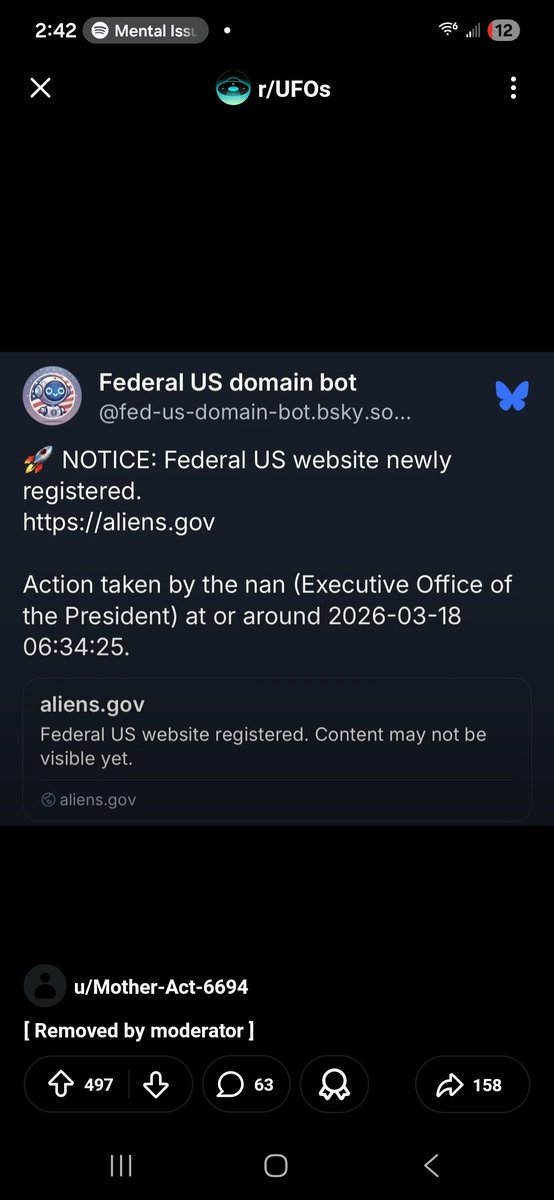 UfoFindersCom's tweet photo. That screenshot is from Bluesky, showing a bot that monitors federal domain registrations.

The Executive Office of the President registered https://t.co/tvjQLgn5il this morning, just after 6:30 AM and there's no associated website yet.  

Actually, the White House registered two domains: both https://t.co/ZSFr7d302P and https://t.co/tvjQLgn5il. Notably, both were launched while CISA isn't even accepting new .gov domain requests due to a lapse in federal funding.
