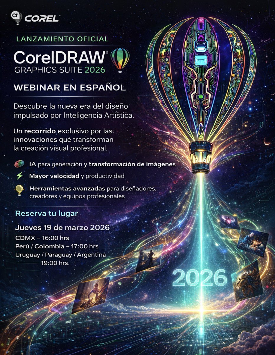 CorelMexico's tweet photo. Te invitamos al lanzamiento en español de la nueva versión de #coreldraw 2026 con #IA incluida. Abajo el registro 

https://t.co/RNBZVc85lR https://t.co/x706kqFn27