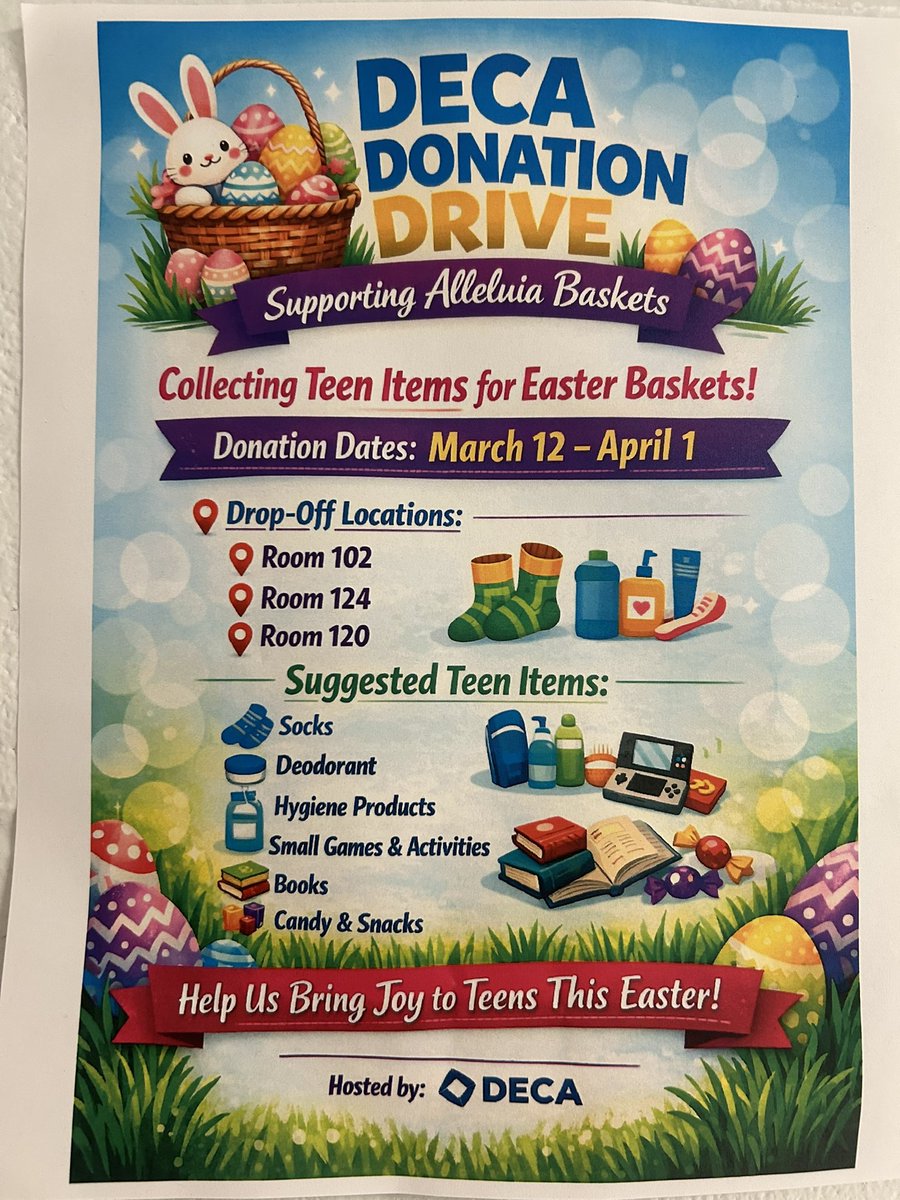 FHC_DECA's tweet photo. Help us by supporting Alleluia Baskets this spring! Donation dates will run from March 12-April 1. Items can be dropped off in rooms 102, 120, and 124. We hope you can join us in supporting this cause! 🌸 https://t.co/3WM5NpNNxz