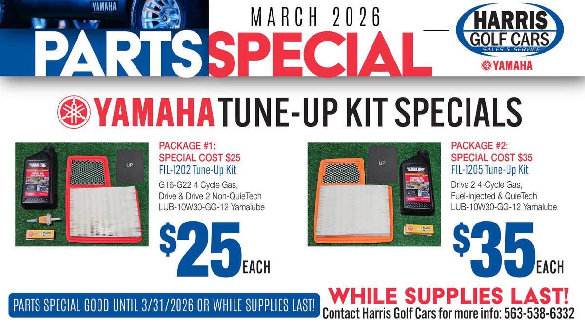 harrisgolfcars's tweet photo. It is better to PREPARE than to REPAIR!

Last chance to get your golf car ready for the season with our in-stock maintenance kits! Stop by or call our Parts Line at 563-538-6332. These kits are sale @harrisgolfcars until Tuesday, March 31, 2026! https://t.co/VLl0eUtqV5